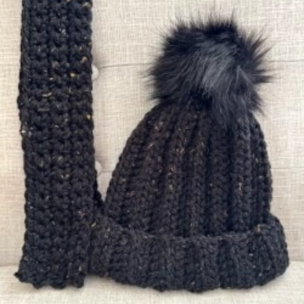 Handmade Black Crochet Hat with Faux Fur Pom & Matching Scarf Set
